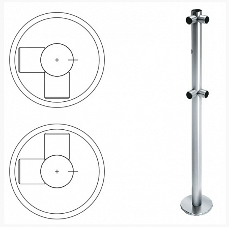 NST L-образная с 2-мя полупетлями Стойка ограждения съемная под поворотную створку или секцию и 2 муфты справа, образуя угол 90°